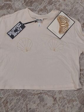 Future Collective Cream Shell Embellished Crop Tee